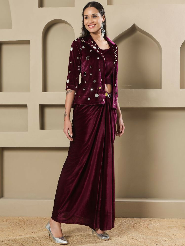 Joban Fashion Women Wine Velvet Hand Embellishment Stitched Dress - Distacart