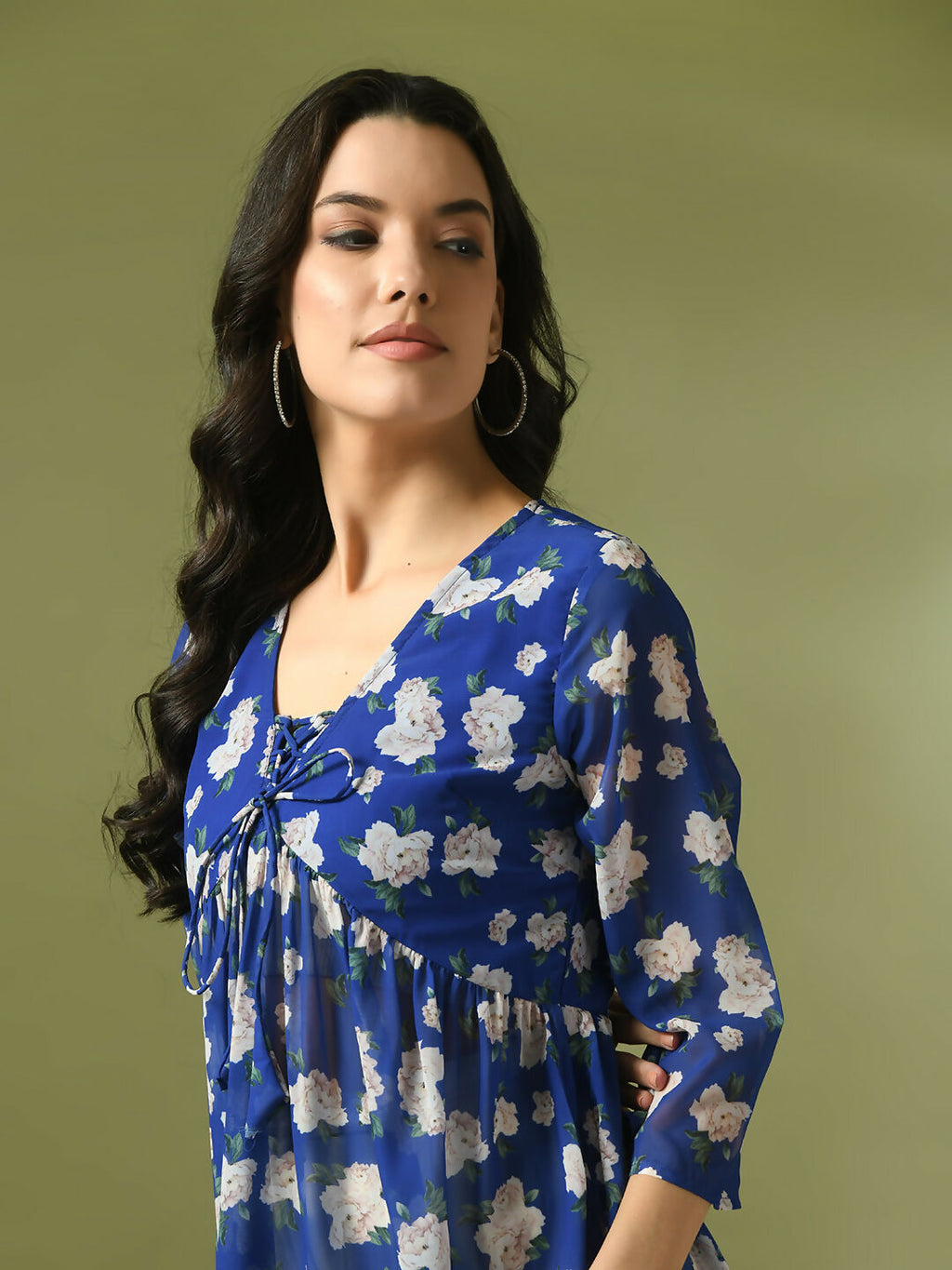 Myshka Women's Blue Printed Georgette A-Line Nyra-cut Kurta