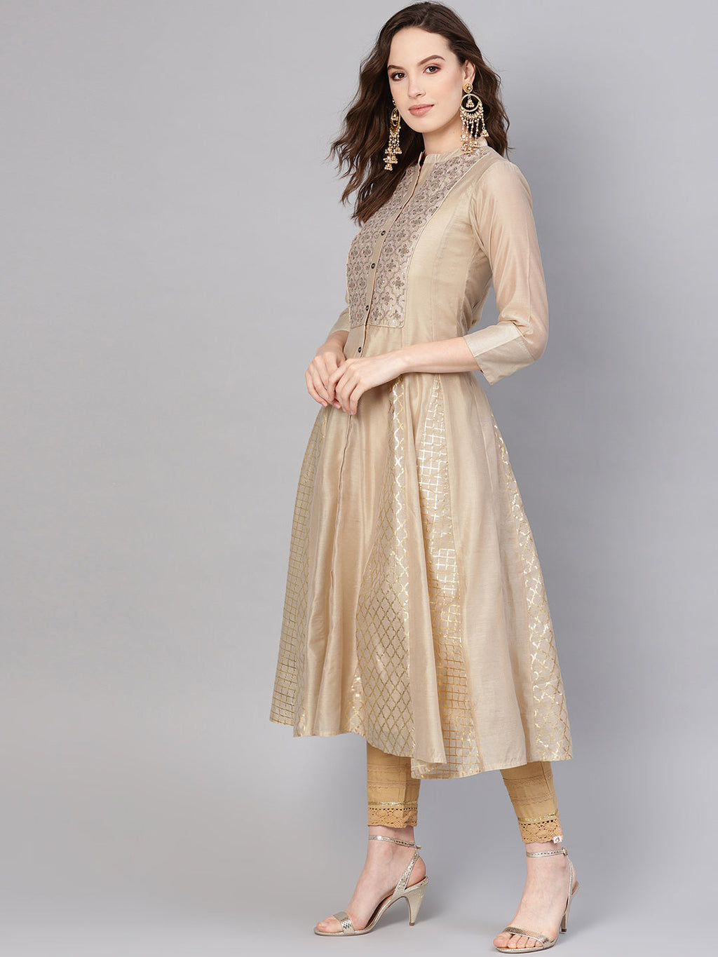Juniper Womens Beige Chanderi Sequin Embroidered Kalidar Kurta Dress - Distacart