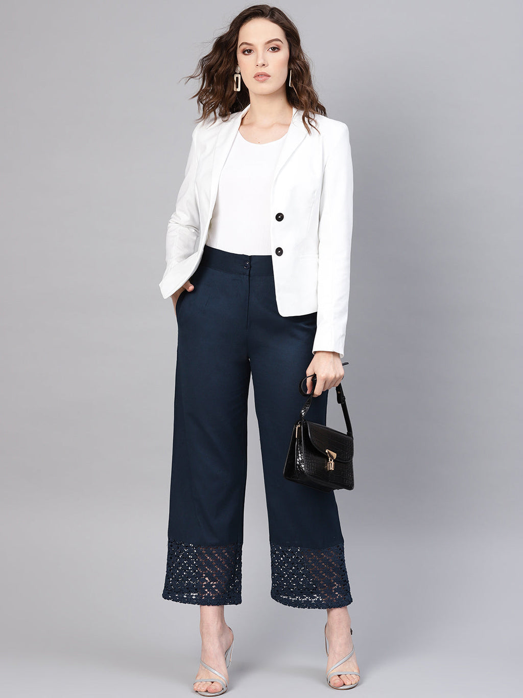 Juniper Women Navy Blue Cotton Flex Solid Wide Leg Palazzo