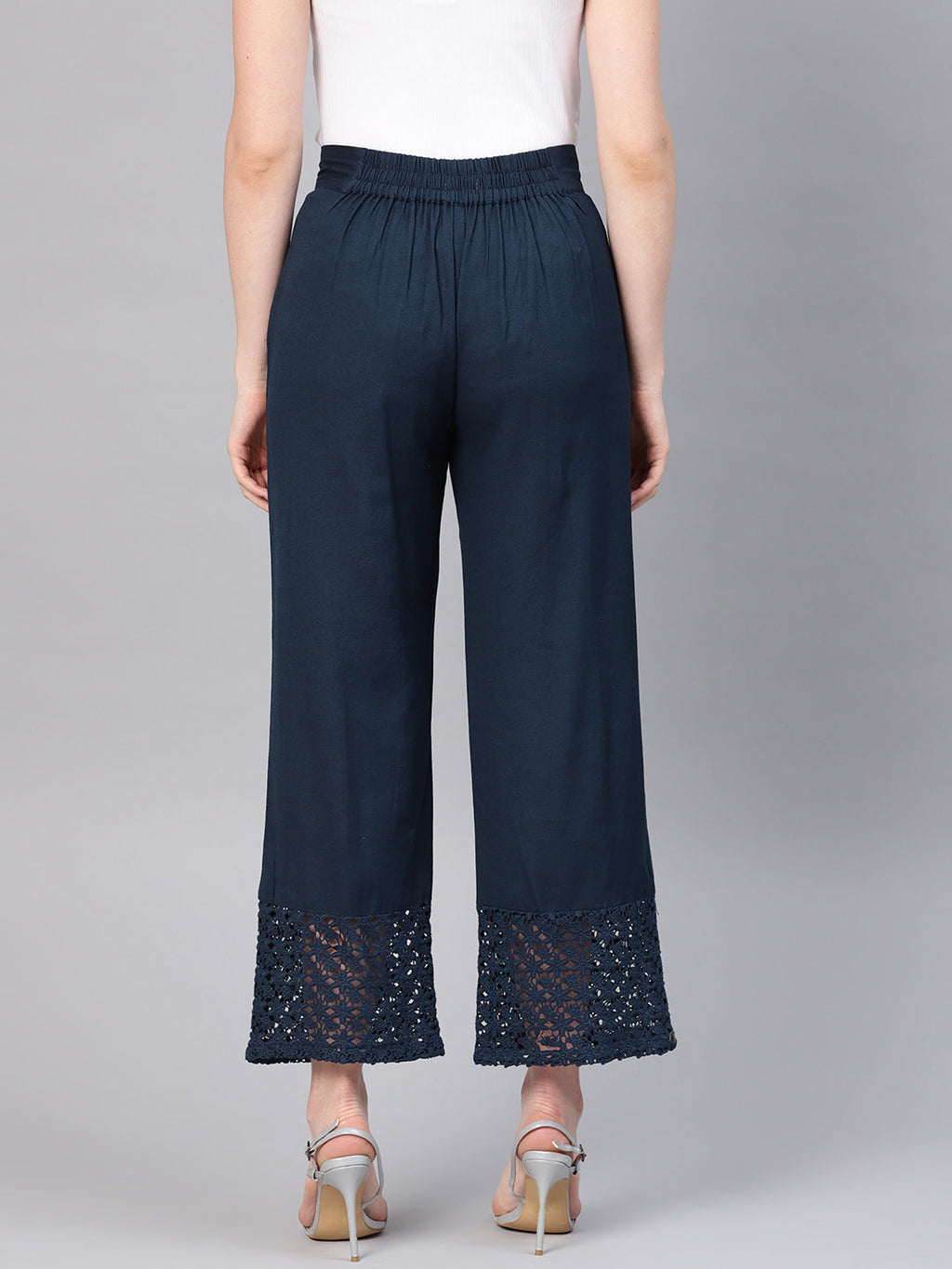 Juniper Women Navy Blue Cotton Flex Solid Wide Leg Palazzo