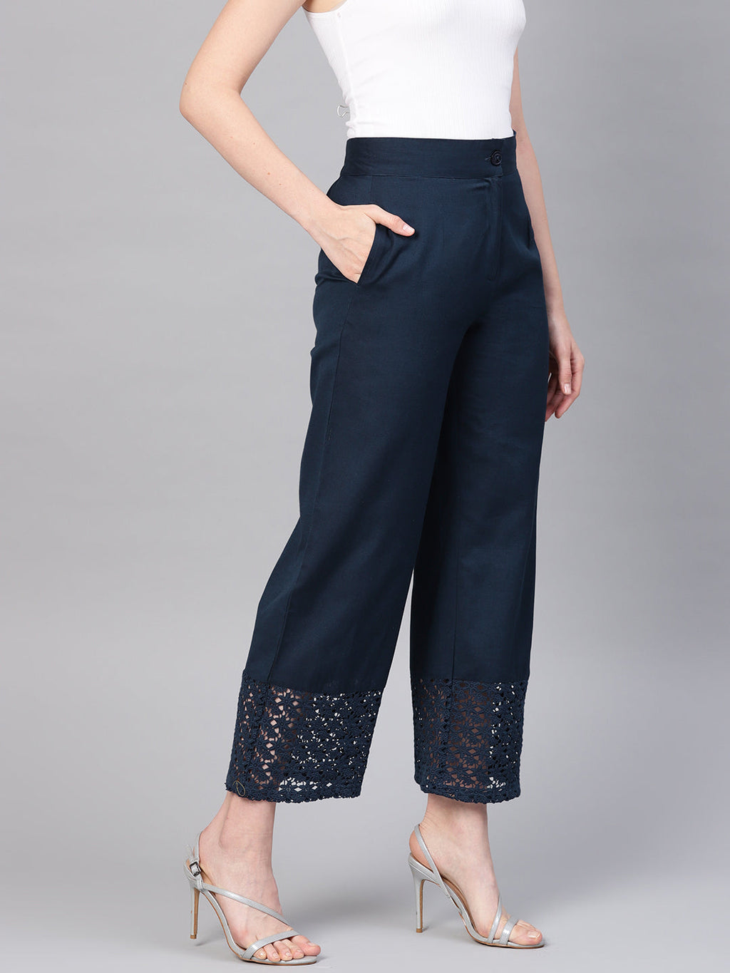 Juniper Women Navy Blue Cotton Flex Solid Wide Leg Palazzo
