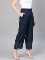 Juniper Women Navy Blue Cotton Flex Solid Wide Leg Palazzo