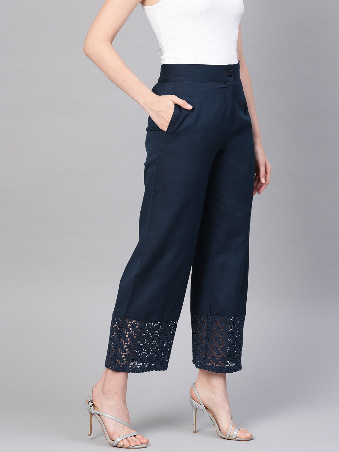 Juniper Women Navy Blue Cotton Flex Solid Wide Leg Palazzo