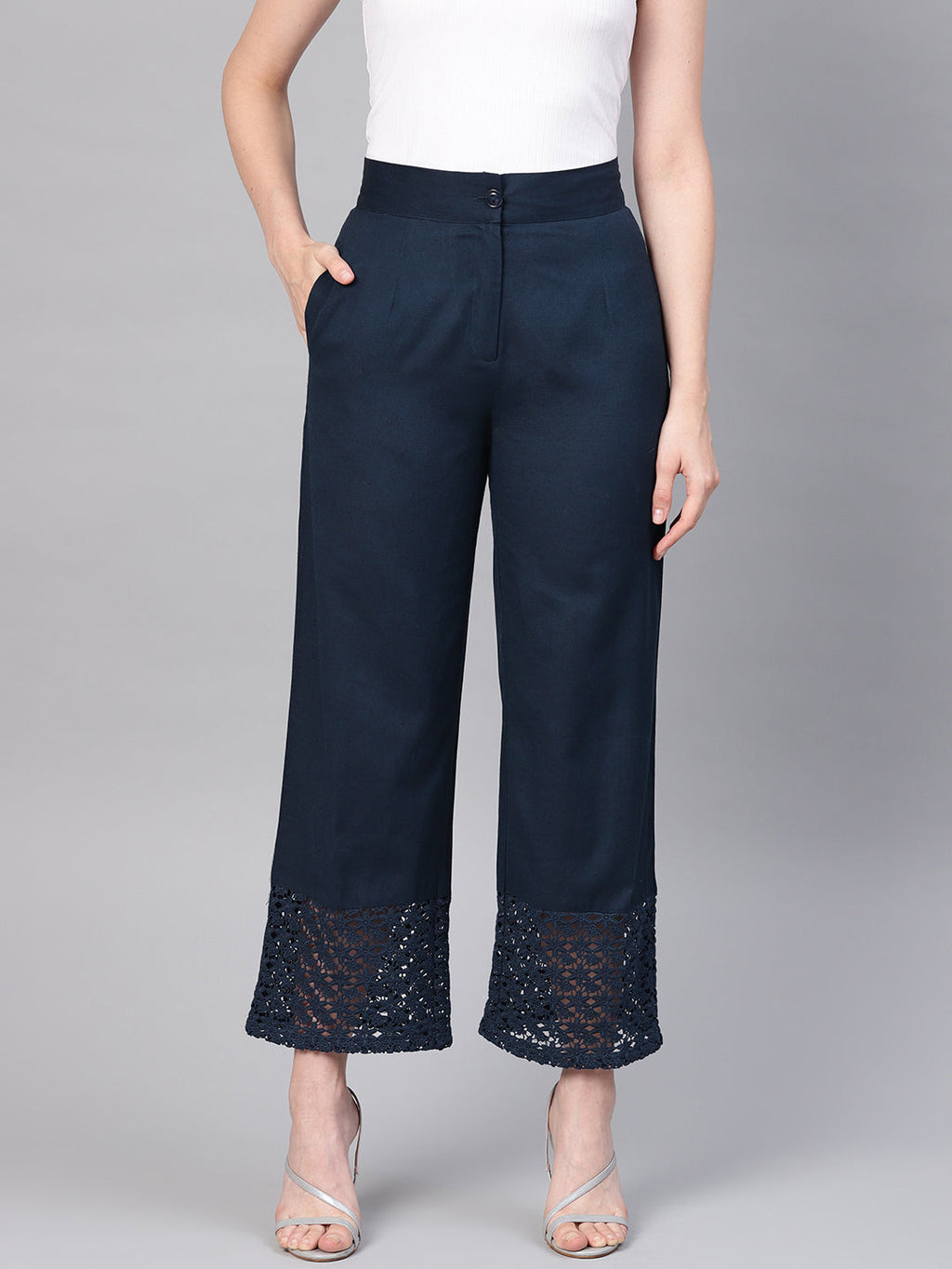 Juniper Women Navy Blue Cotton Flex Solid Wide Leg Palazzo