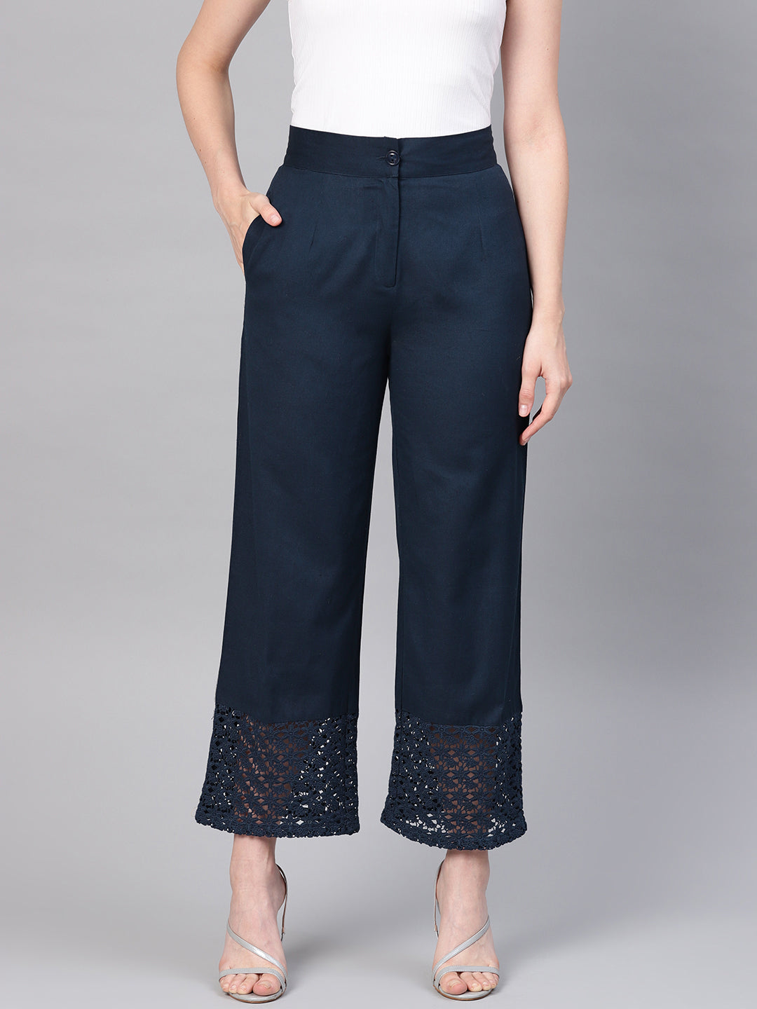 Juniper Women Navy Blue Cotton Flex Solid Wide Leg Palazzo
