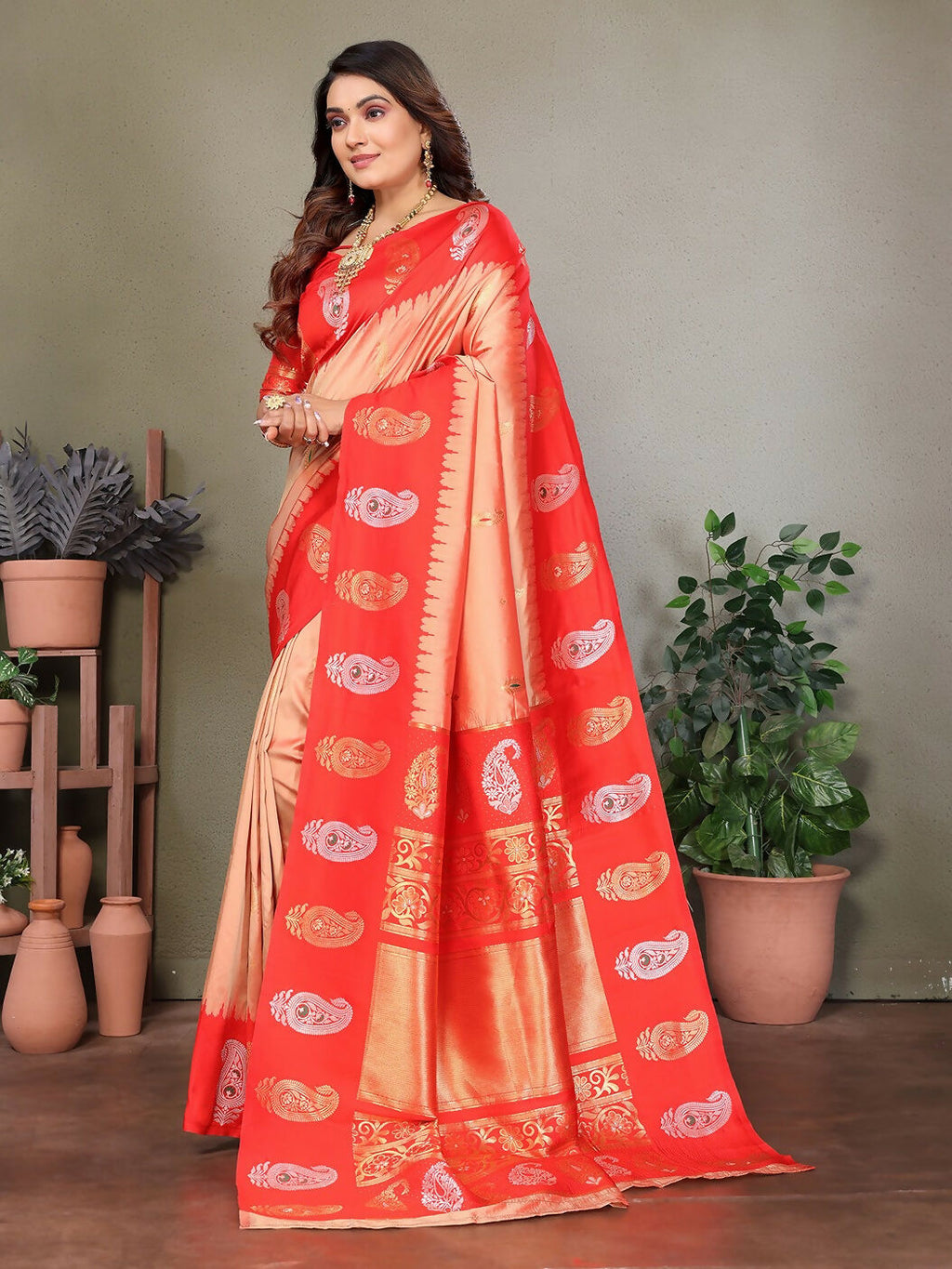 Joban Fashion Banarasi Peach Butti Soft Silk Saree - Distacart