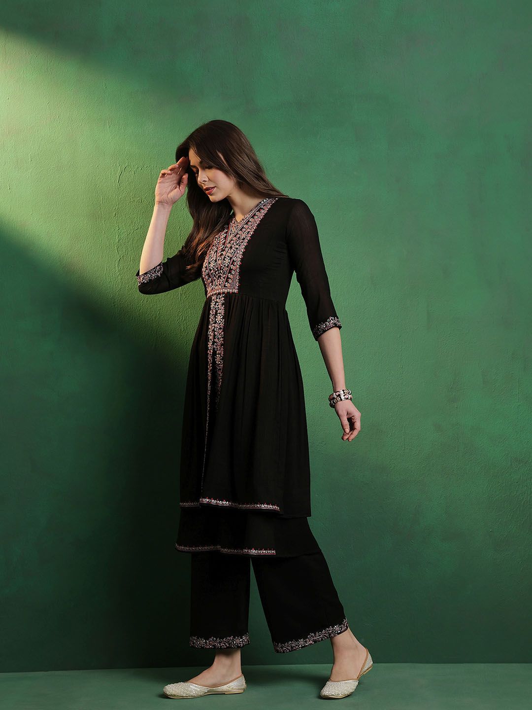 Sangria Embroidered A-Line Silk Kurta With Palazzo Set