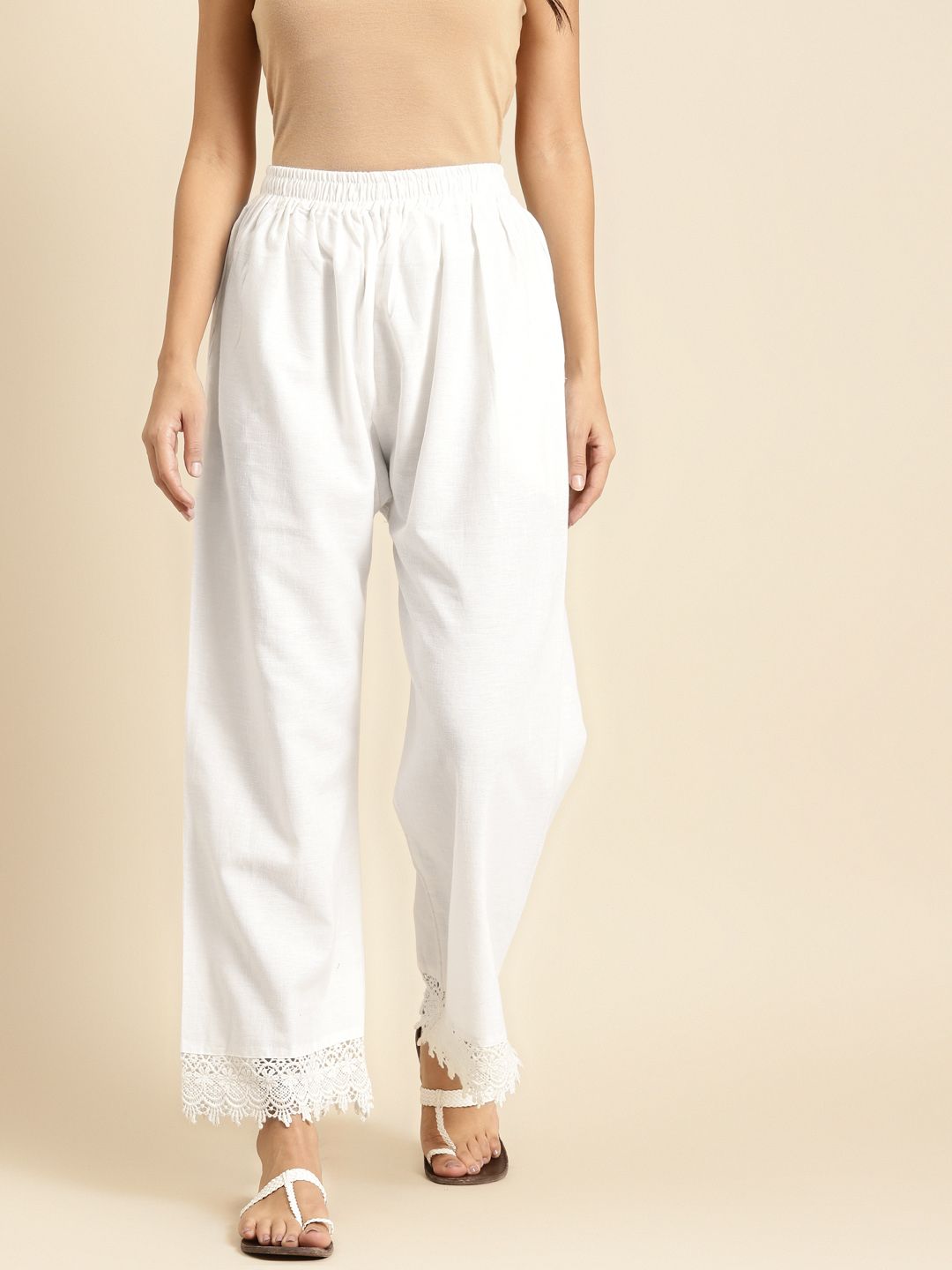 TAG 7 Women White Solid Hem Design Straight Palazzos