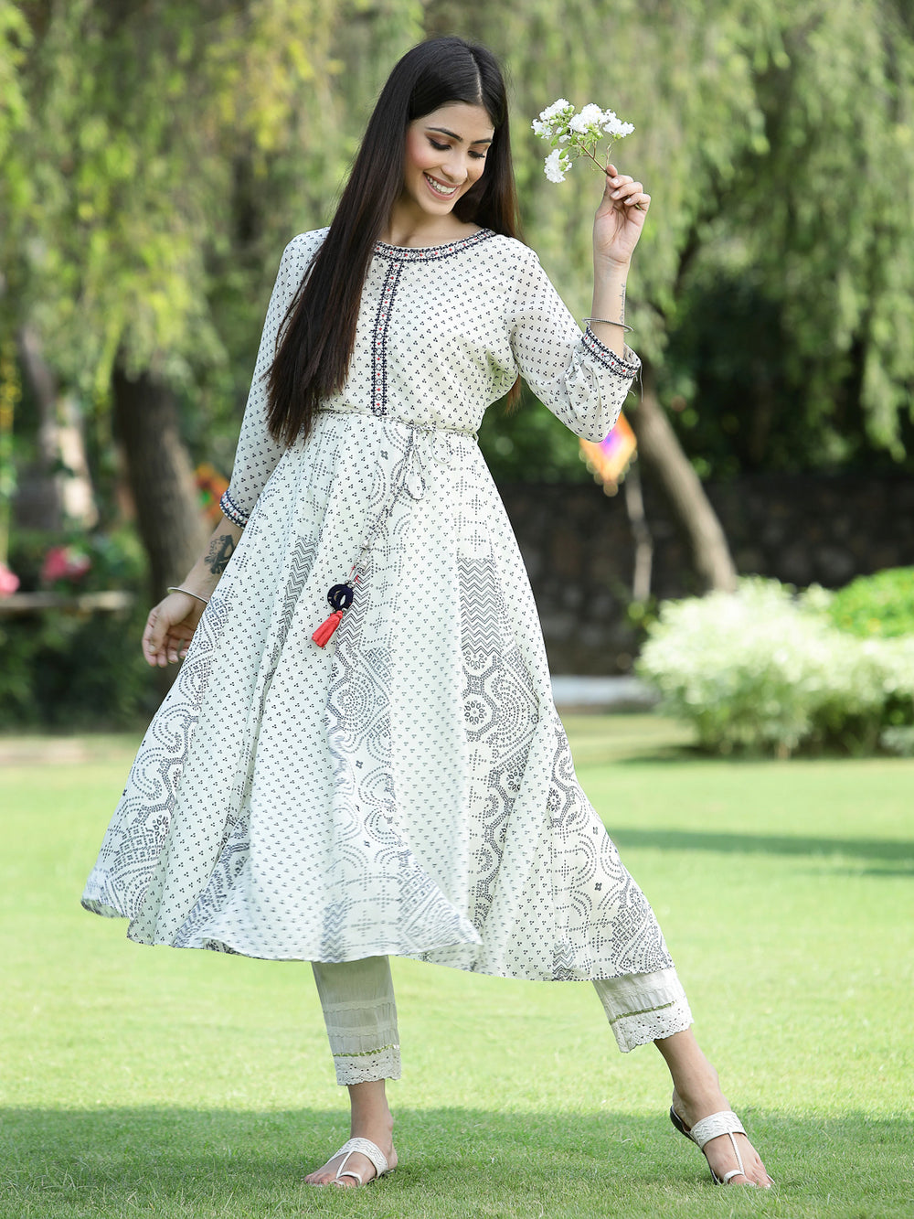 Juniper Women's Ivory Georgette Printed Anarkali Kurta - Distacart