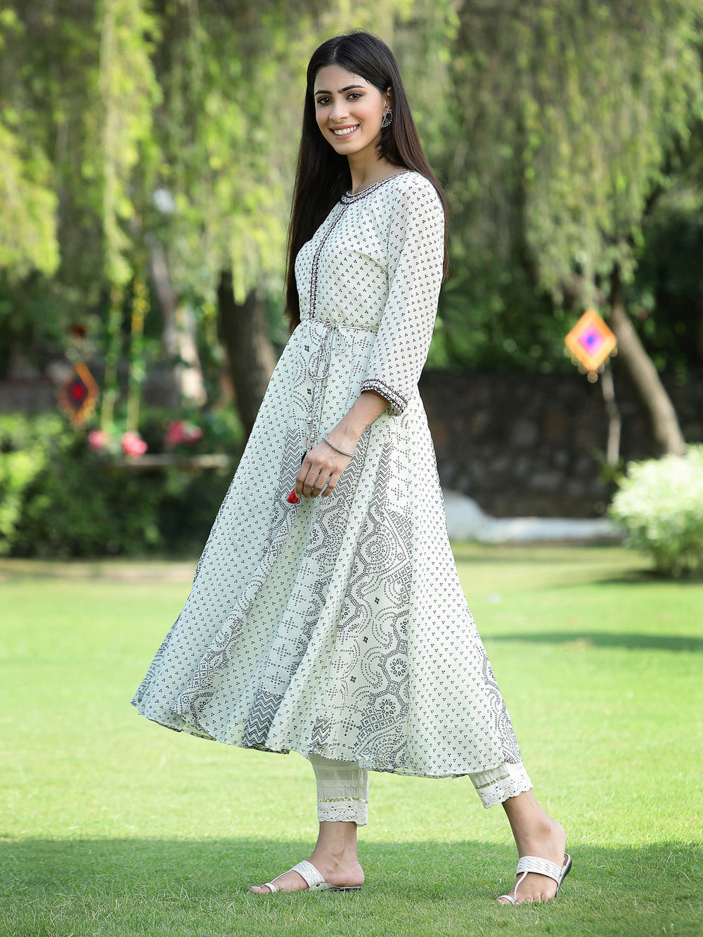 Juniper Women's Ivory Georgette Printed Anarkali Kurta - Distacart