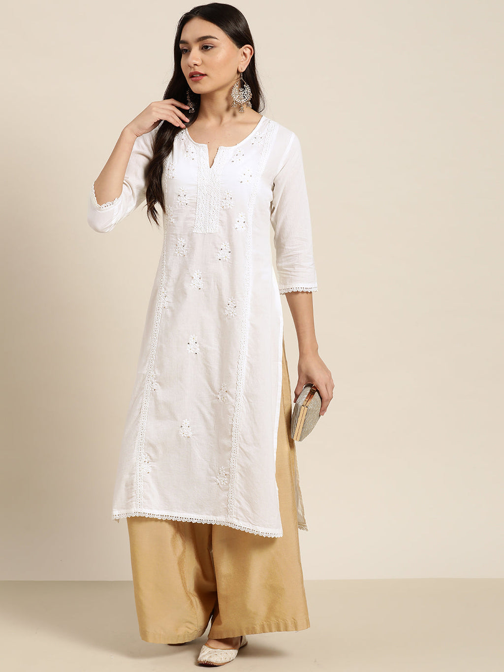 Juniper Women White Cotton Voile Embroidered Straight Kurta