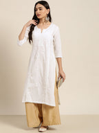 Juniper Women White Cotton Voile Embroidered Straight Kurta