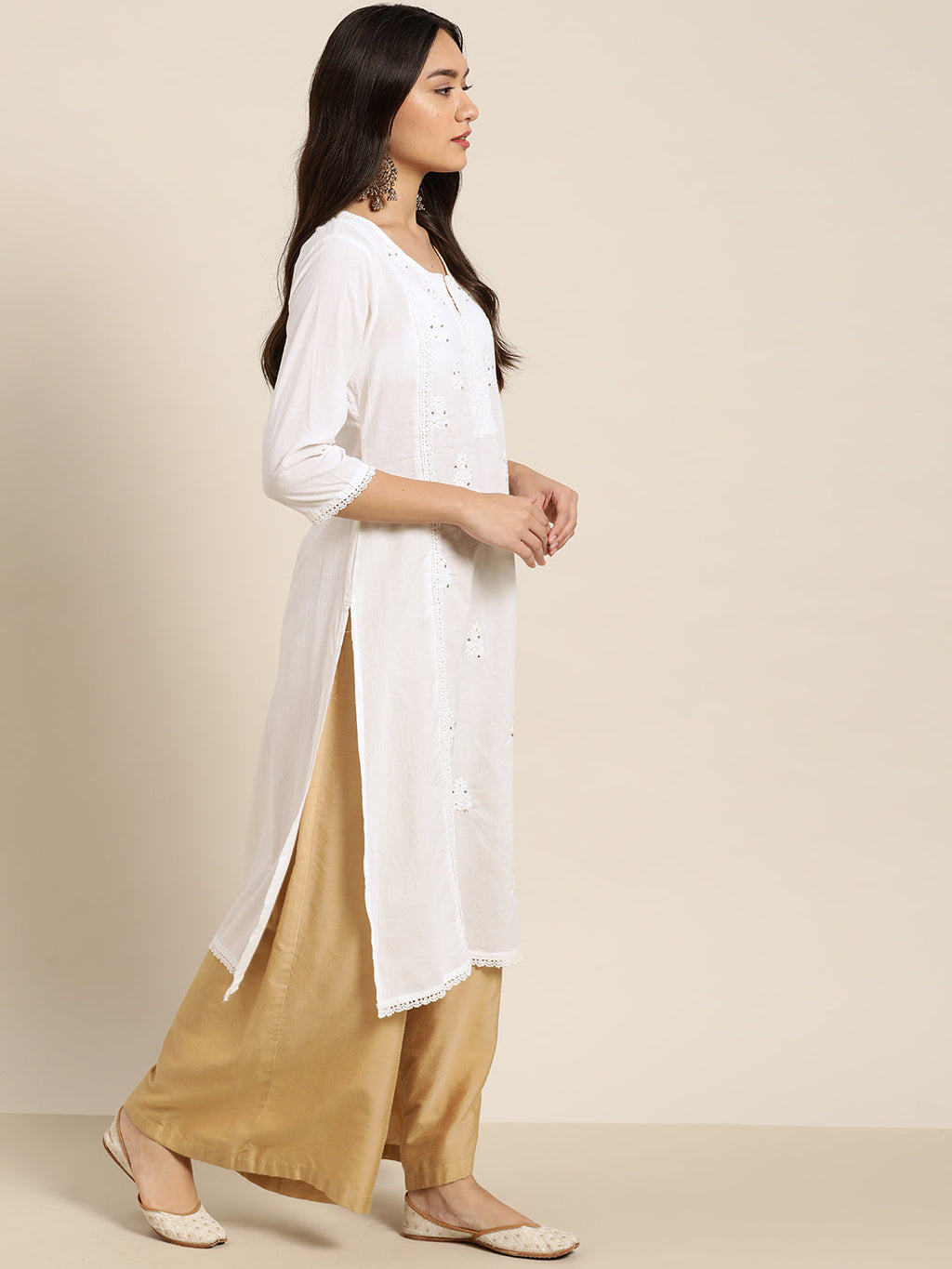 Juniper Women White Cotton Voile Embroidered Straight Kurta