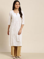 Juniper Women White Cotton Voile Embroidered Straight Kurta