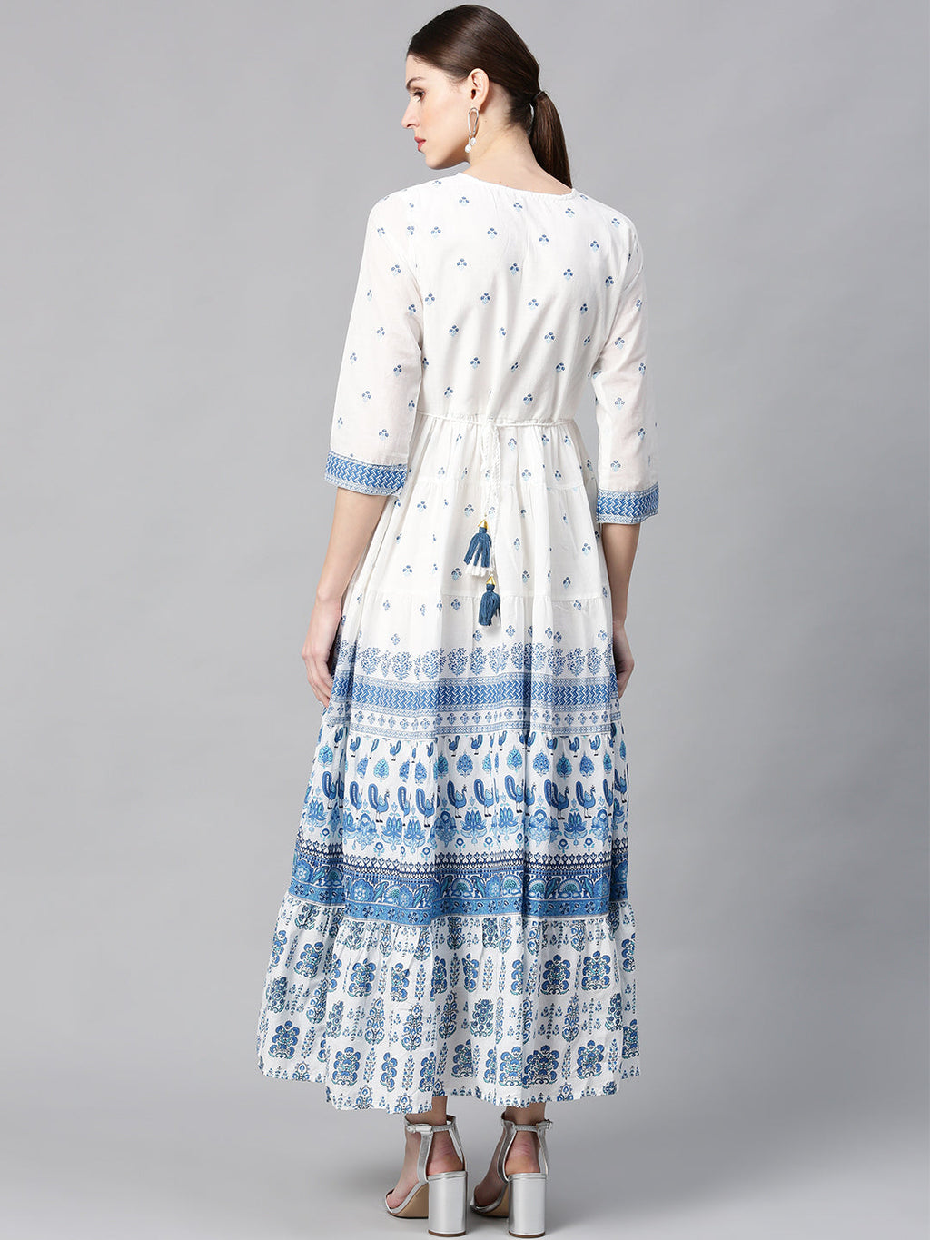 Juniper Women Blue Cotton Embroidered & Printed Tiered Dress - Distacart