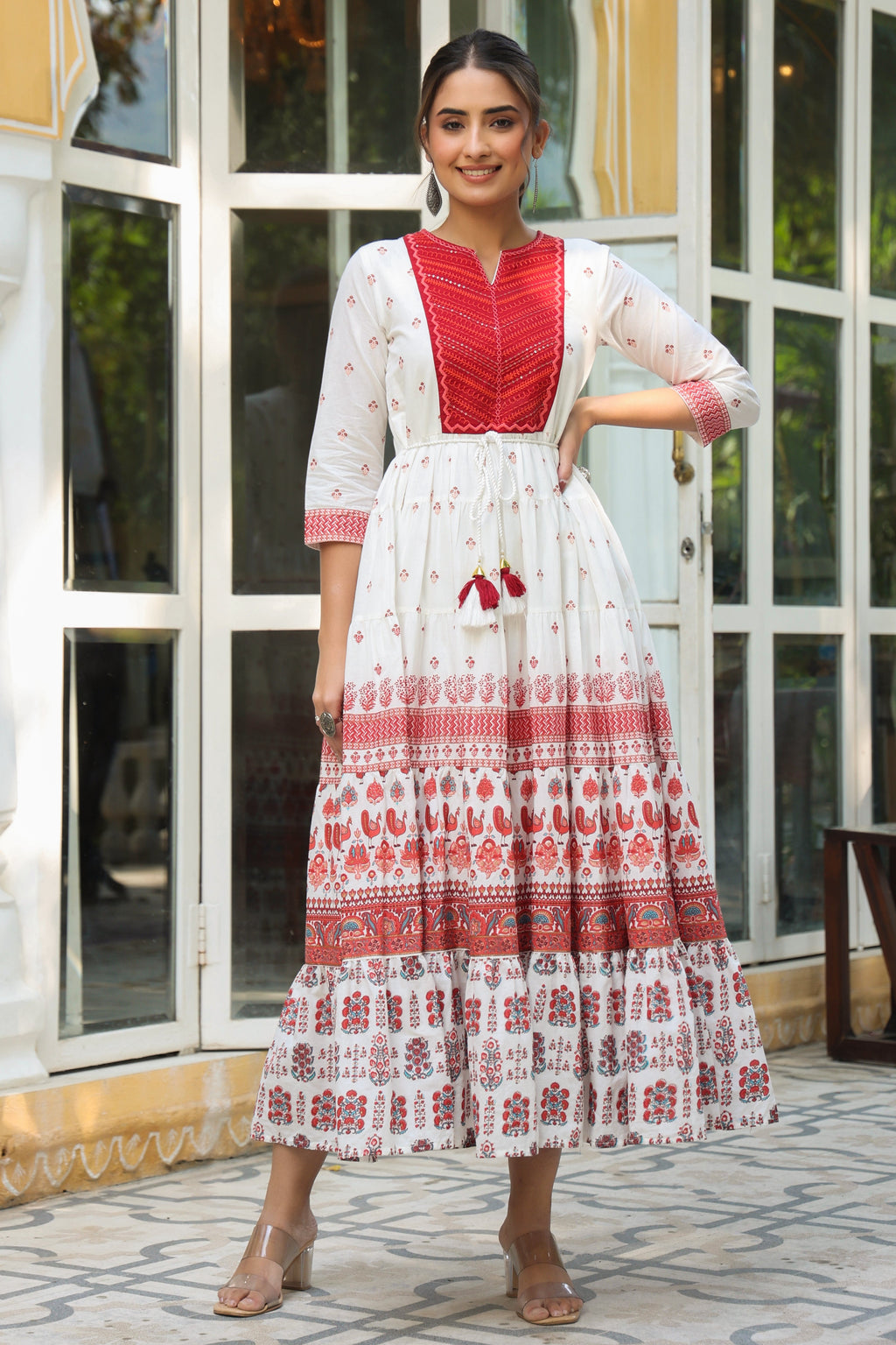 Juniper Maroon Ethnic Motif Printed Pure Cotton Tiered Maxi Dress With Sequins & Thread Work Embroidery - Distacart
