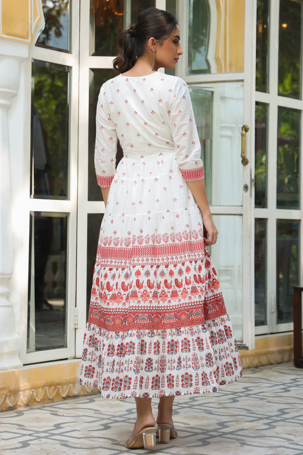 Juniper Maroon Ethnic Motif Printed Pure Cotton Tiered Maxi Dress With Sequins & Thread Work Embroidery - Distacart