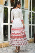 Juniper Maroon Ethnic Motif Printed Pure Cotton Tiered Maxi Dress With Sequins & Thread Work Embroidery - Distacart