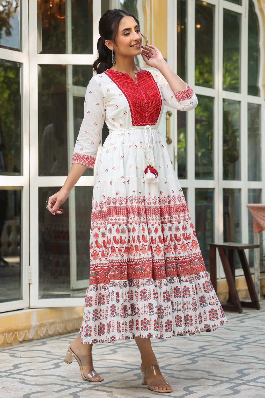 Juniper Maroon Ethnic Motif Printed Pure Cotton Tiered Maxi Dress With Sequins & Thread Work Embroidery - Distacart