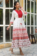 Juniper Maroon Ethnic Motif Printed Pure Cotton Tiered Maxi Dress With Sequins & Thread Work Embroidery - Distacart