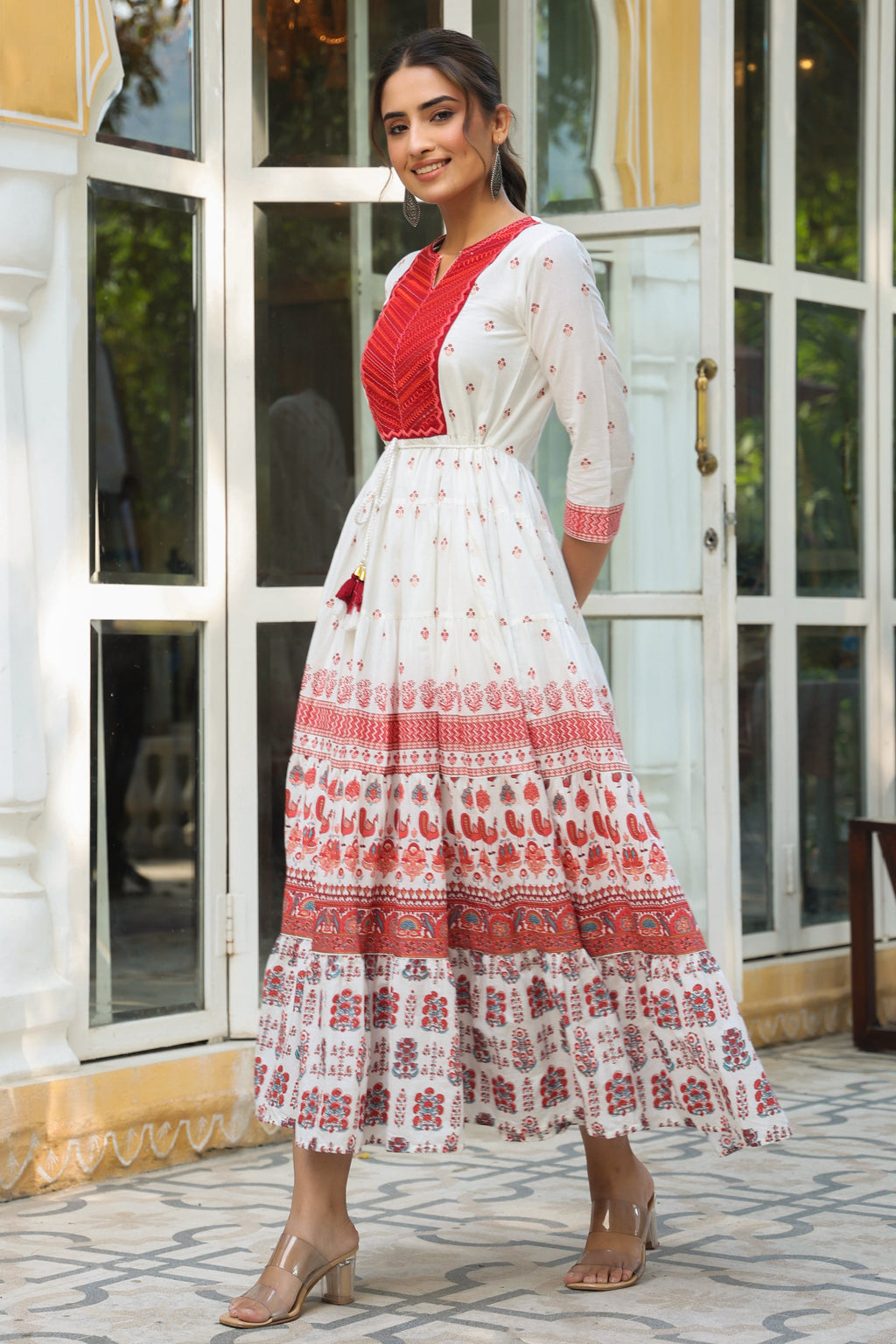 Juniper Maroon Ethnic Motif Printed Pure Cotton Tiered Maxi Dress With Sequins & Thread Work Embroidery - Distacart