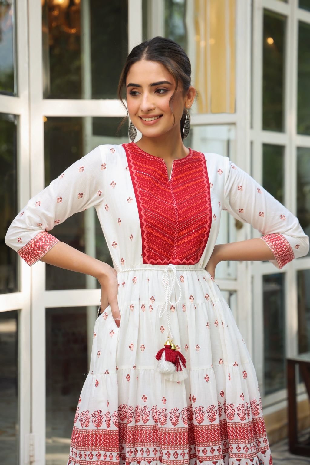 Juniper Maroon Ethnic Motif Printed Pure Cotton Tiered Maxi Dress With Sequins & Thread Work Embroidery - Distacart
