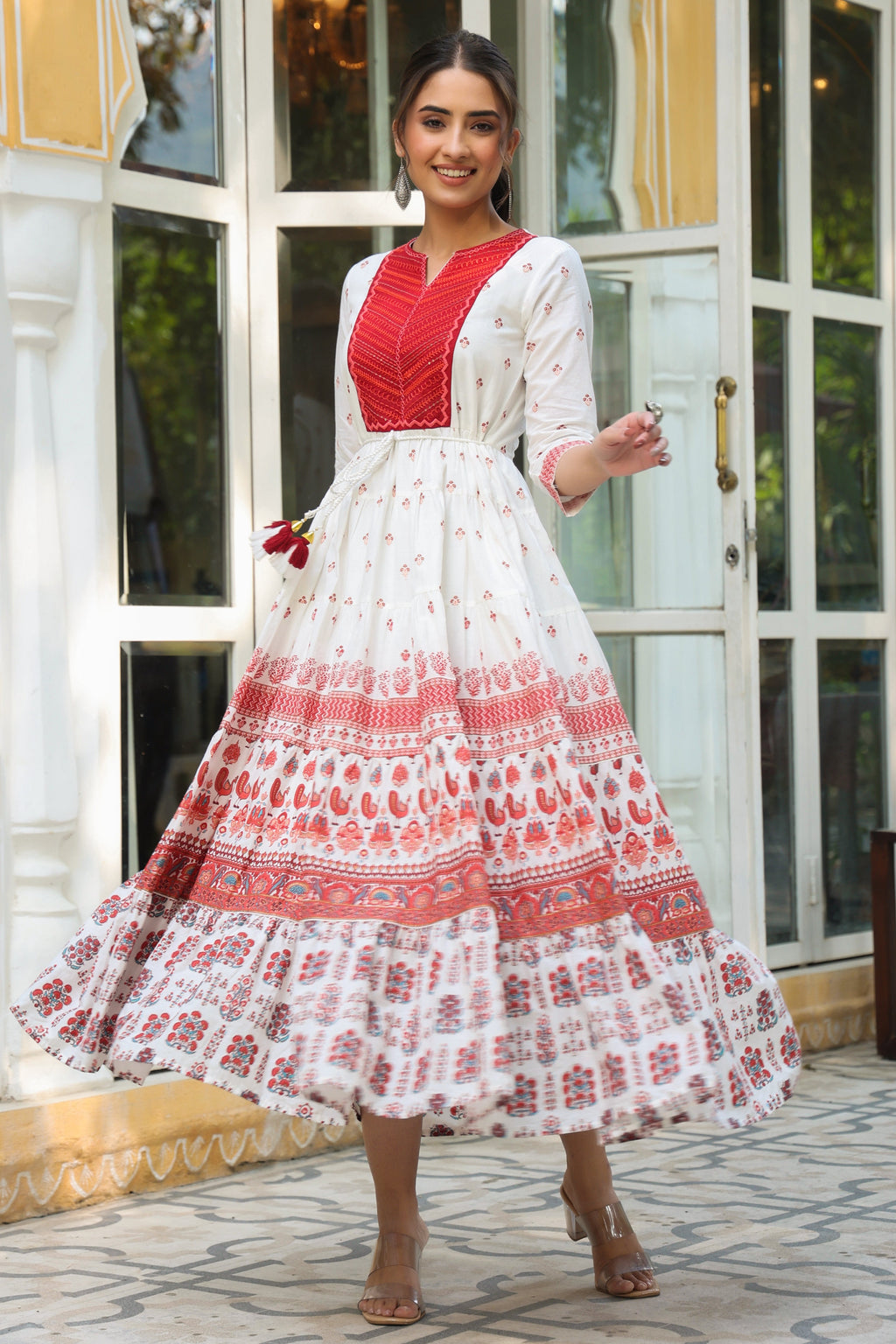 Juniper Maroon Ethnic Motif Printed Pure Cotton Tiered Maxi Dress With Sequins & Thread Work Embroidery - Distacart