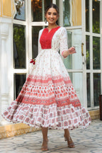 Juniper Maroon Ethnic Motif Printed Pure Cotton Tiered Maxi Dress With Sequins & Thread Work Embroidery - Distacart