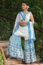 Juniper Womens Blue Embroidered And Printed Kurta Sharara Dupatta Set - Distacart