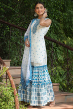 Juniper Womens Blue Embroidered And Printed Kurta Sharara Dupatta Set - Distacart