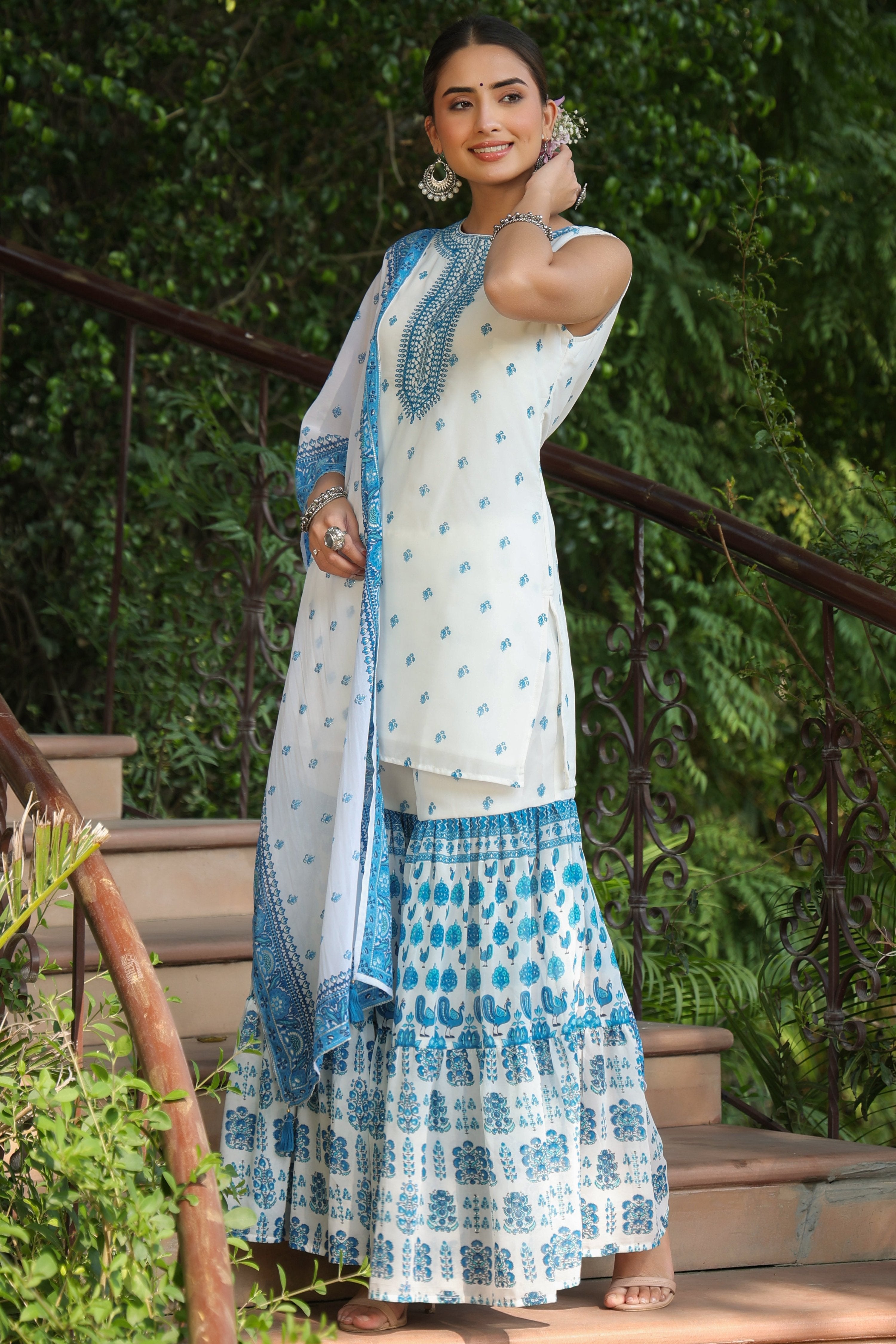 Juniper Womens Blue Embroidered And Printed Kurta Sharara Dupatta Set - Distacart
