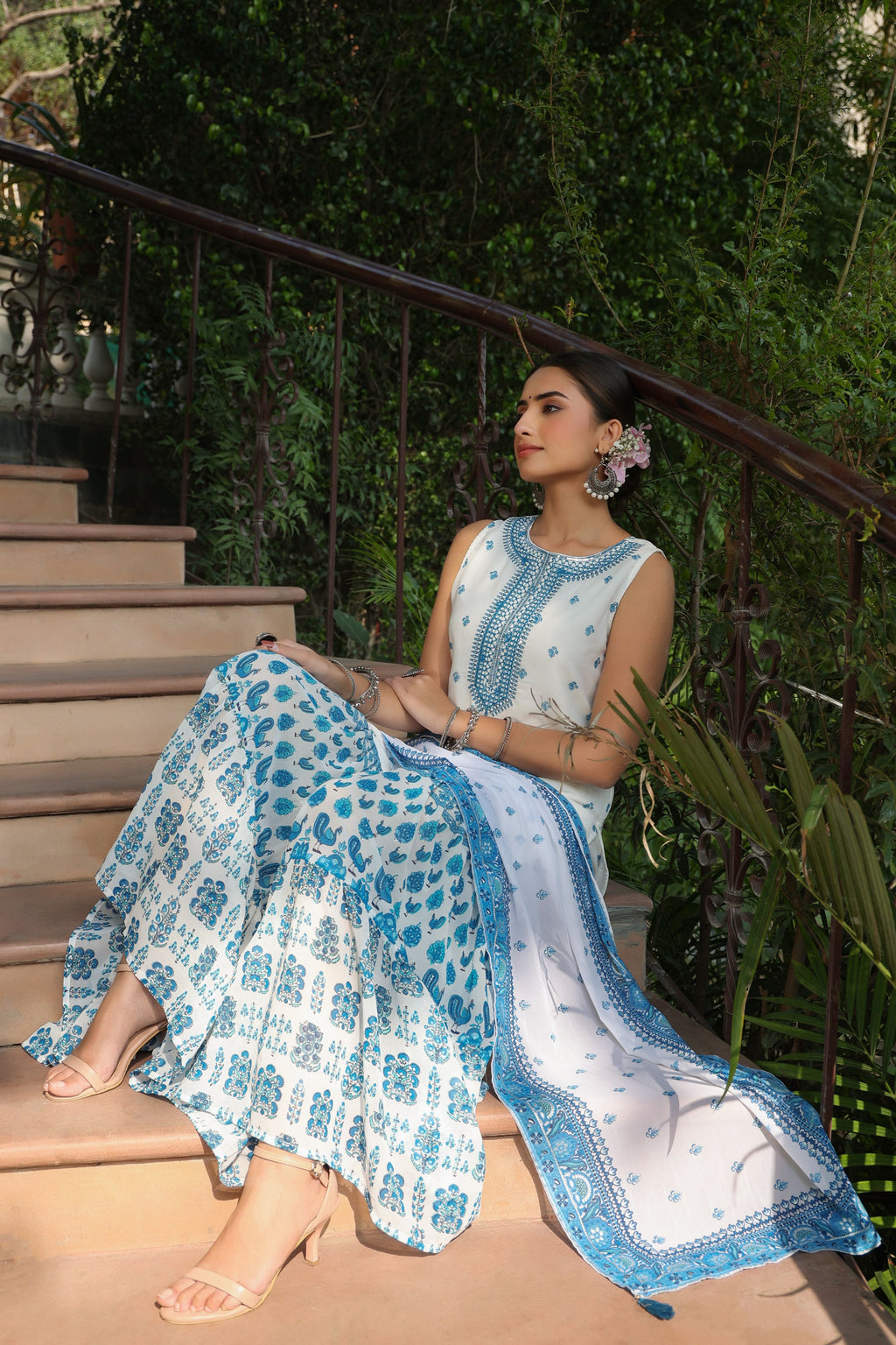 Juniper Womens Blue Embroidered And Printed Kurta Sharara Dupatta Set - Distacart