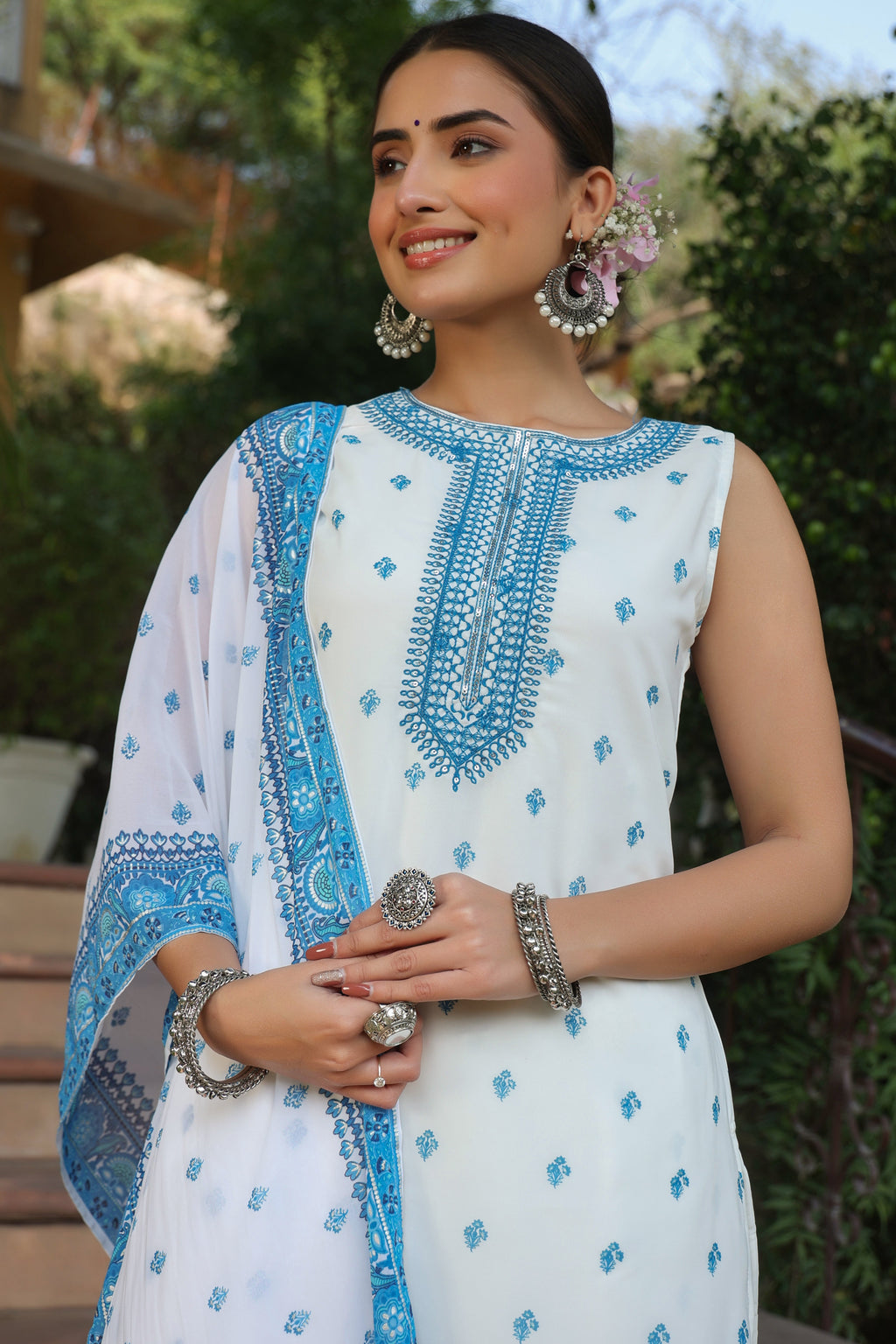 Juniper Womens Blue Embroidered And Printed Kurta Sharara Dupatta Set - Distacart