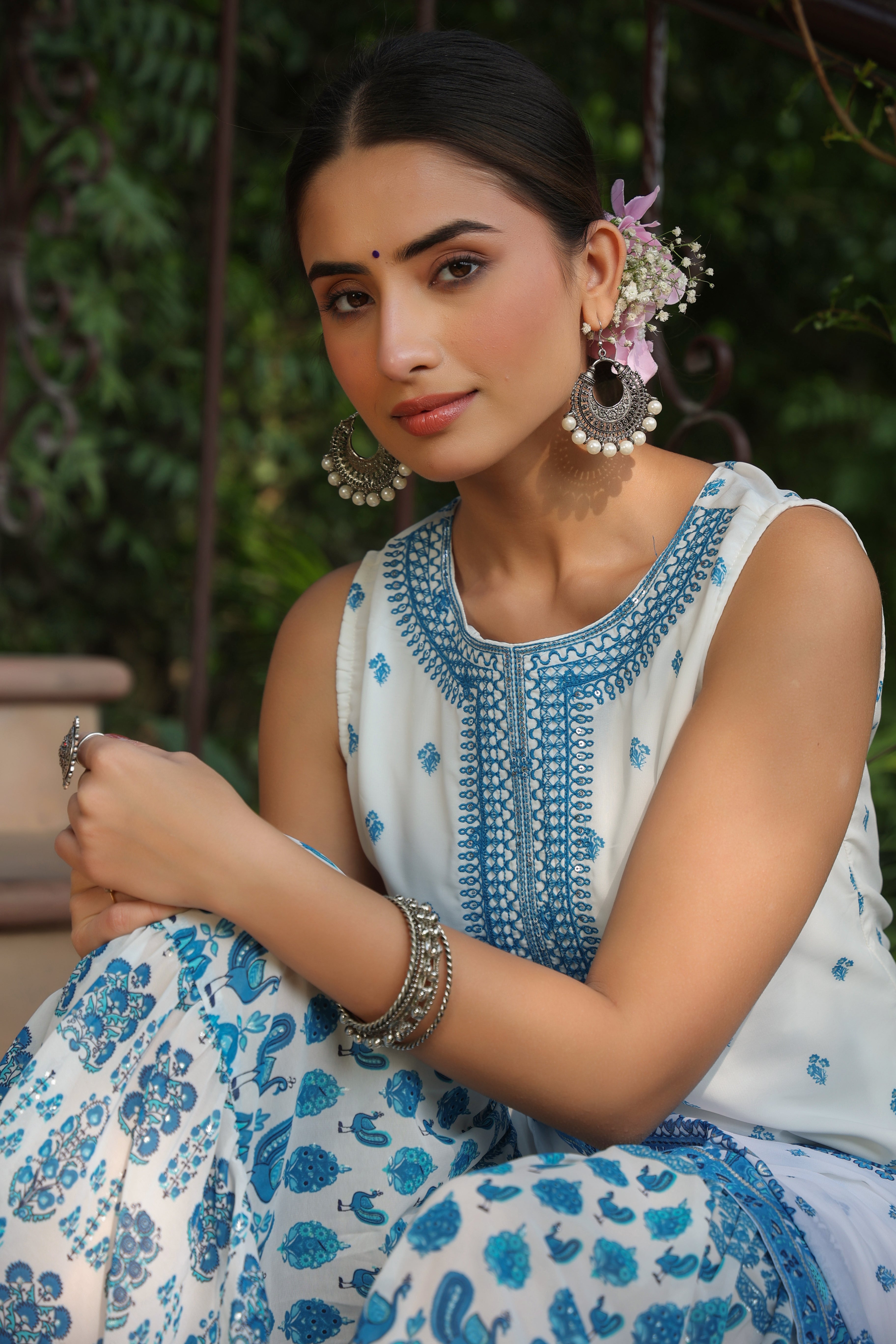Juniper Womens Blue Embroidered And Printed Kurta Sharara Dupatta Set - Distacart