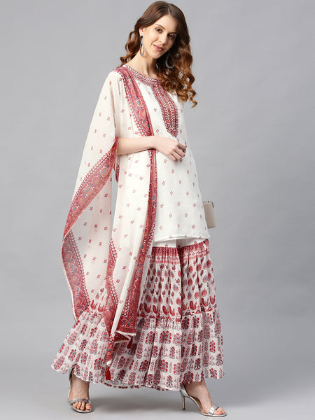 Juniper Womens Maroon Embroidered And Printed Kurta Sharara Dupatta Set