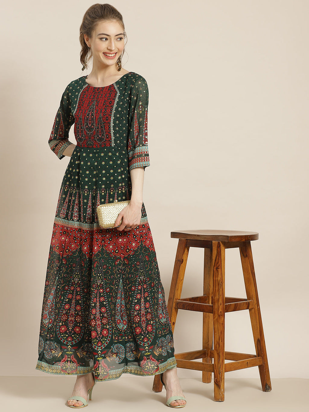Juniper Womens Jadegreen Georgette Foil Print Maxi Dress - Distacart