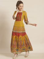 Juniper Women Mustard Georgette Printed Anarkali Dress - Distacart