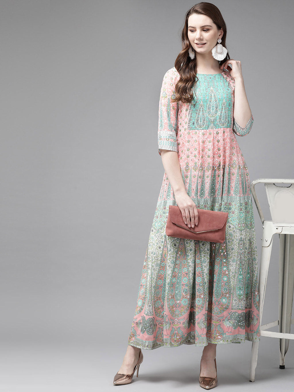 Juniper Womens Peach Georgette Foil Print Maxi Dress - Distacart