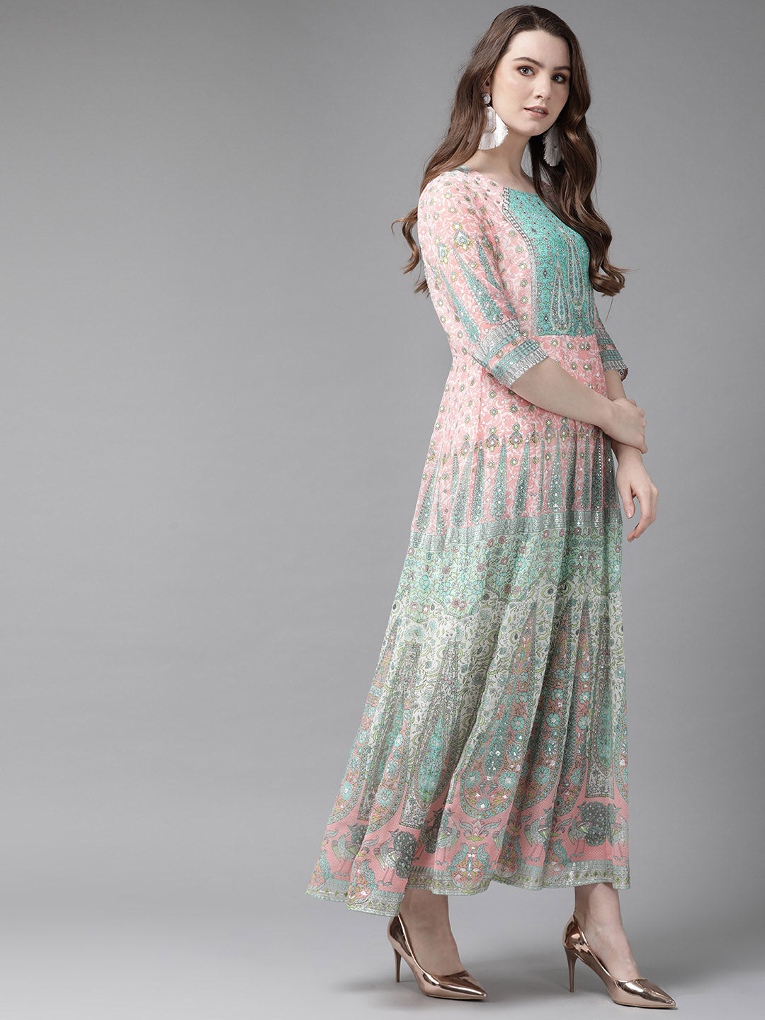 Juniper Womens Peach Georgette Foil Print Maxi Dress - Distacart