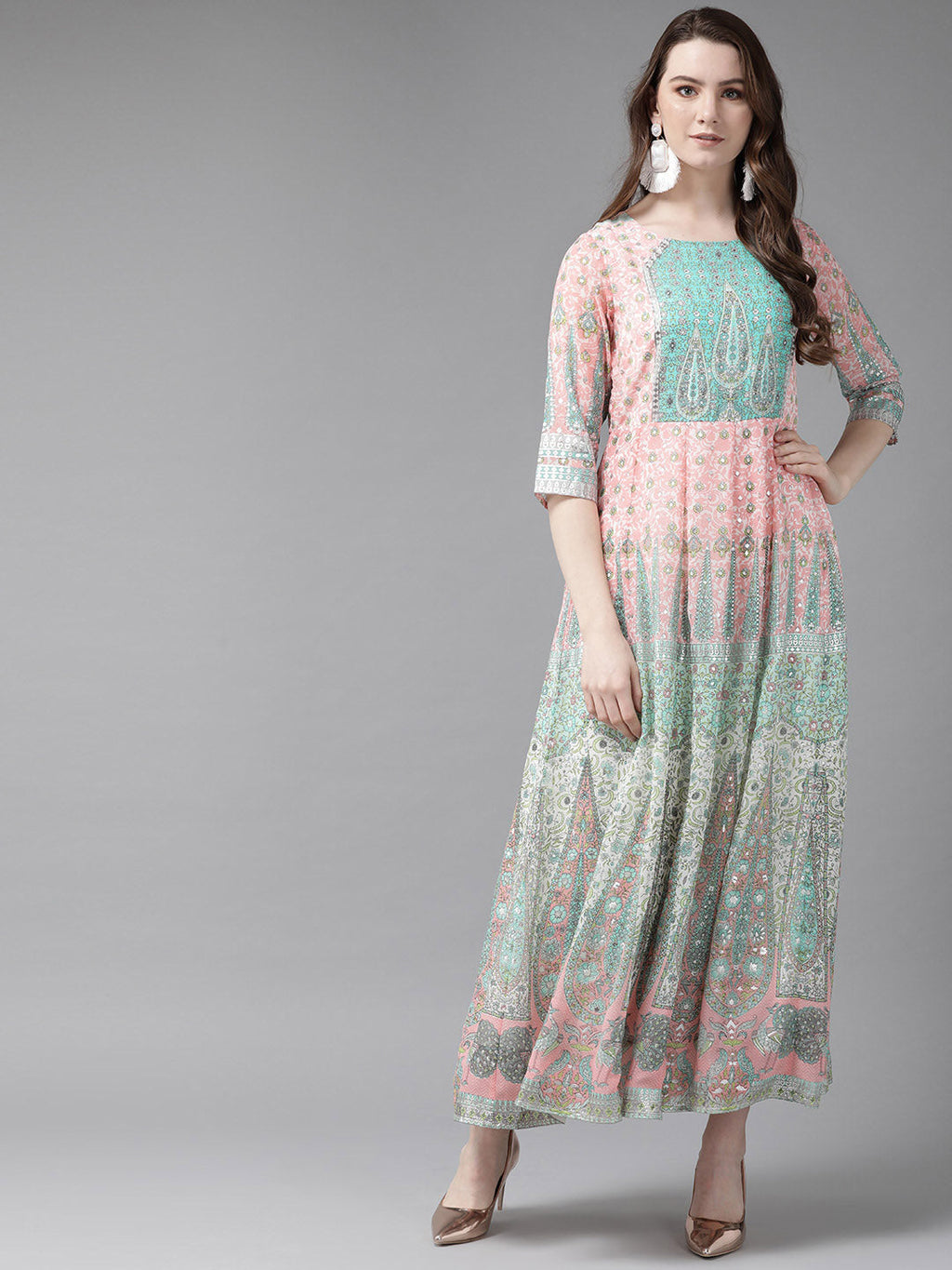 Juniper Womens Peach Georgette Foil Print Maxi Dress - Distacart