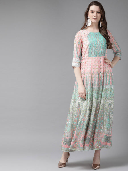 Juniper Womens Peach Georgette Foil Print Maxi Dress