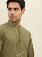House of Pataudi Men Olive Green Striped Straight Kurta with Embroidered Detail