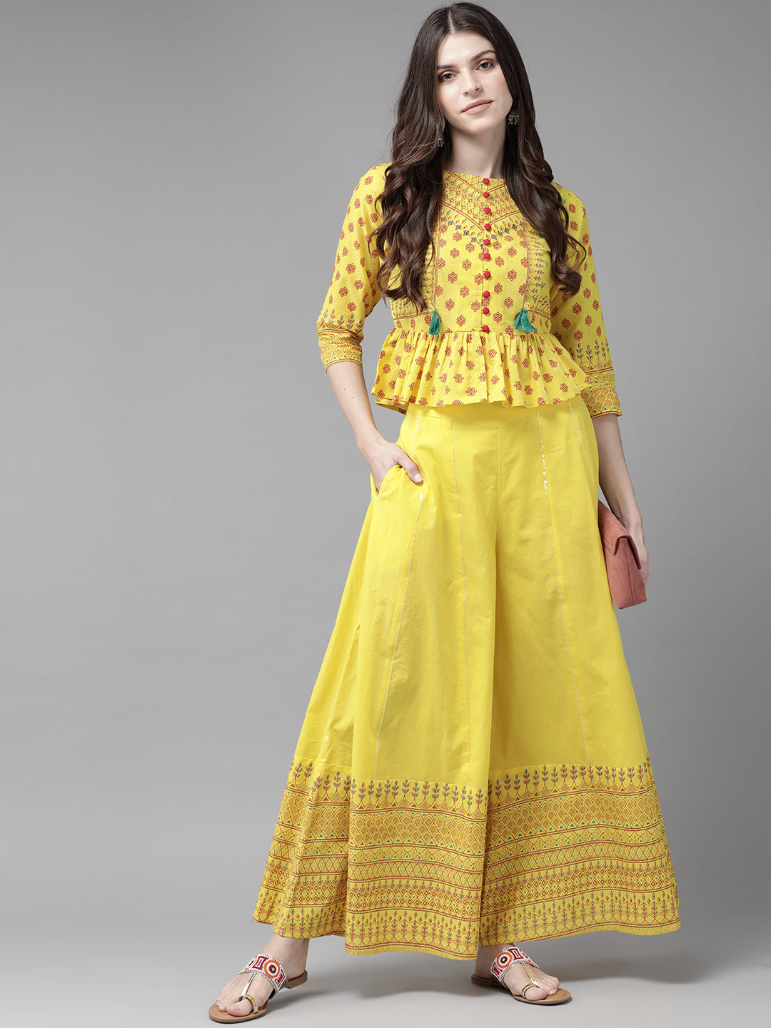 Juniper Women Yellow Cambric Printed Peplum Clothing Set - Distacart