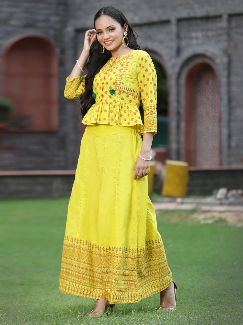 Juniper Women's Yellow Cambric Printed Peplum Clothing Set - Distacart