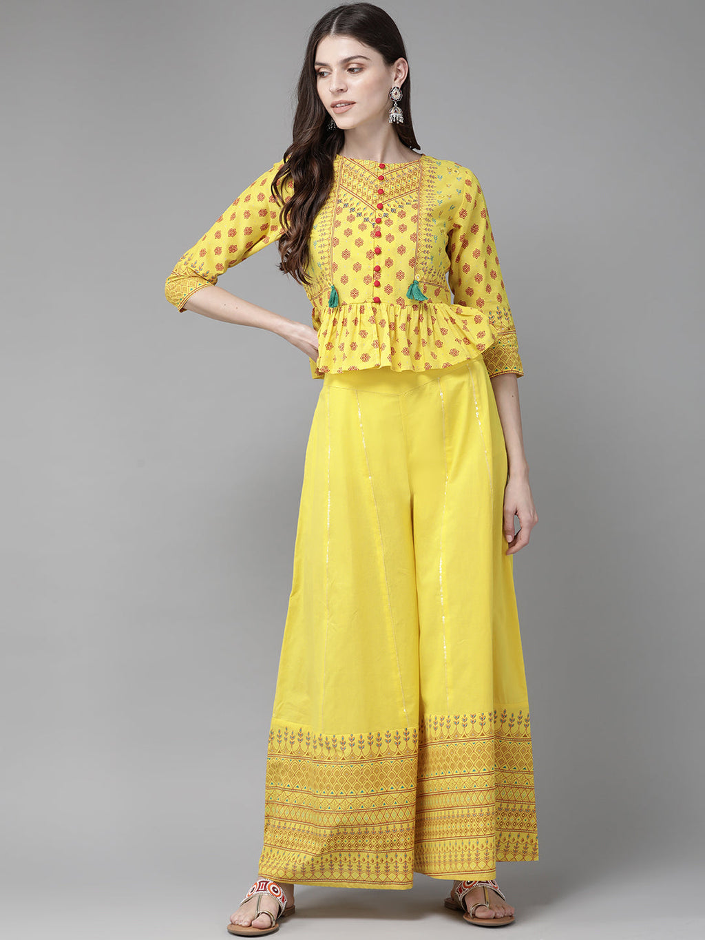 Juniper Women Yellow Cambric Printed Peplum Clothing Set - Distacart