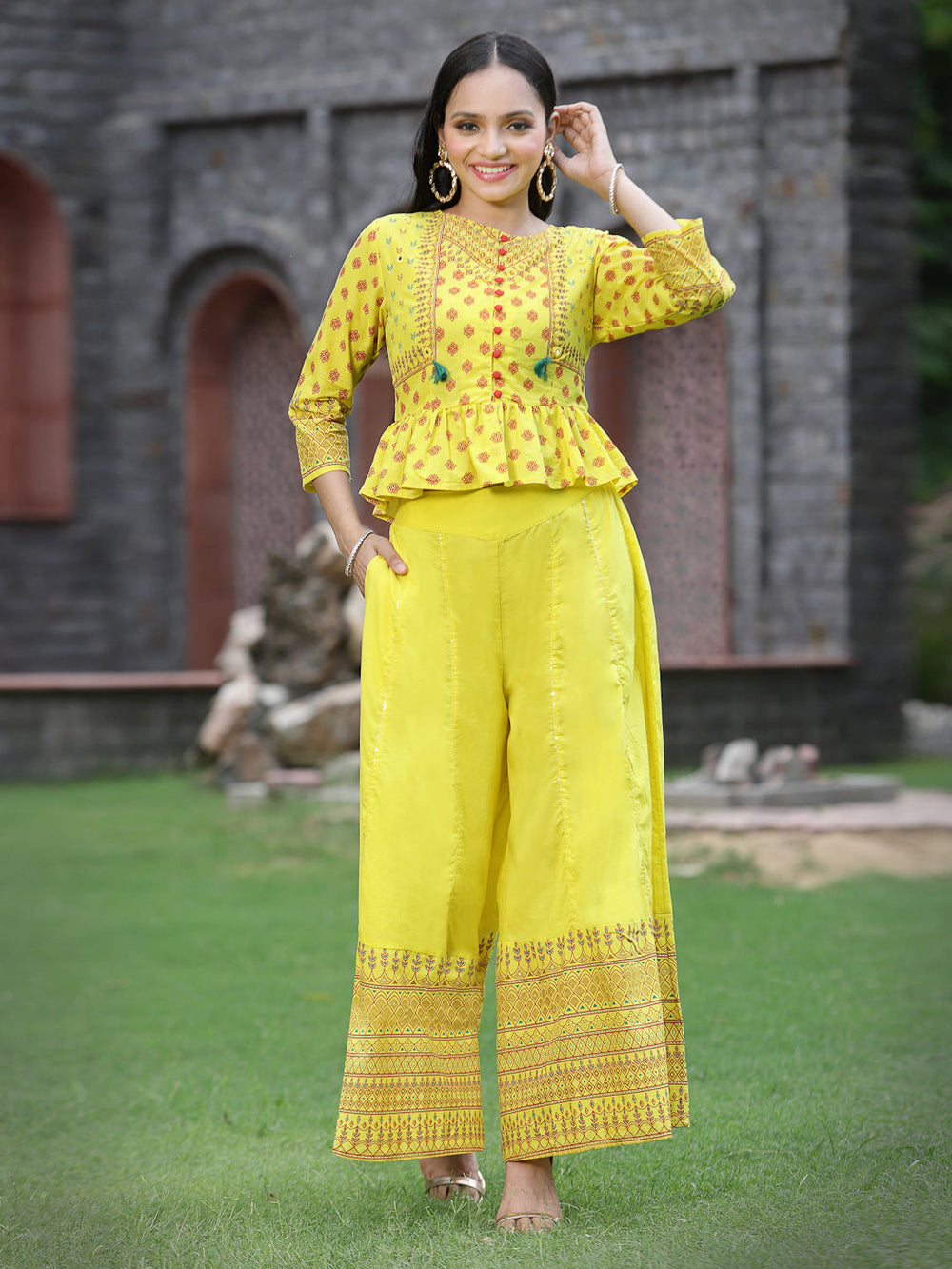 Juniper Women's Yellow Cambric Printed Peplum Clothing Set - Distacart
