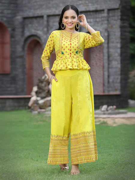 Juniper Women's Yellow Cambric Printed Peplum Clothing Set