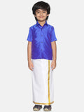 Sethukrishna Boys Blue & White Solid Shirt with Veshti Set