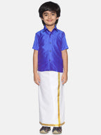 Sethukrishna Boys Blue & White Solid Shirt with Veshti Set